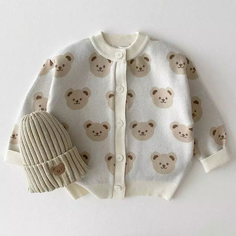 Baby and toddler Beige Cardigan with brown bear pattern - Koko Mee