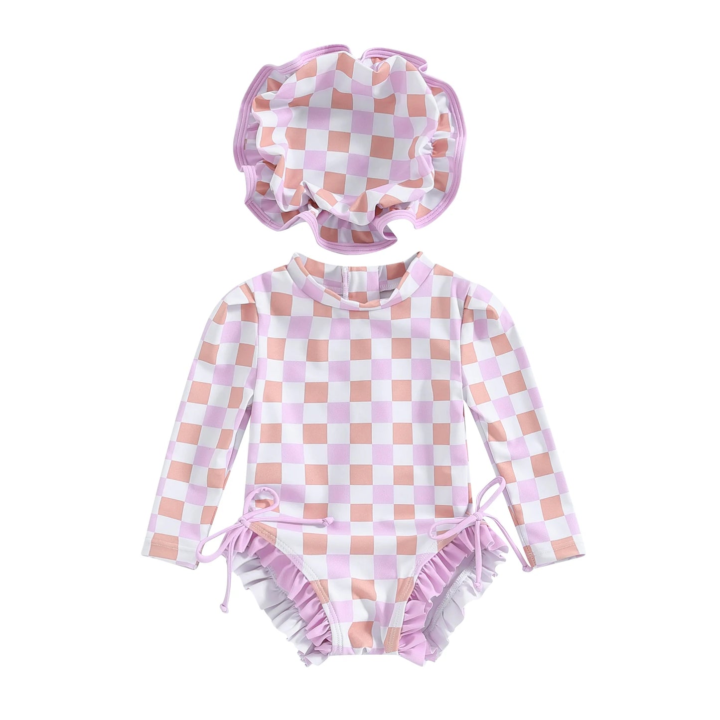 Baby Girls Rash Guard Swimsuit with Hat. Long sleeve swimsuit. Beachwear. Koko Mee
