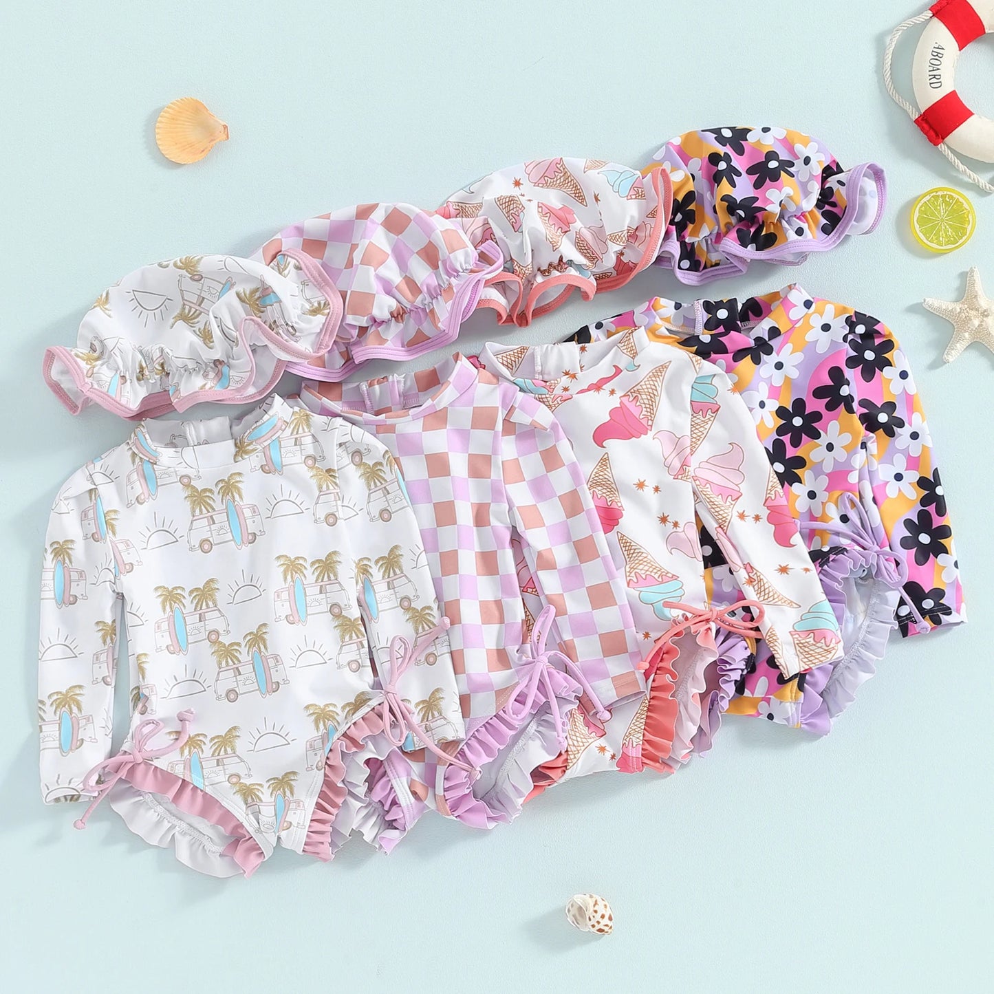 Baby Girls Rash Guard Swimsuit with Hat. Long sleeve swimsuit. Beachwear. Koko Mee