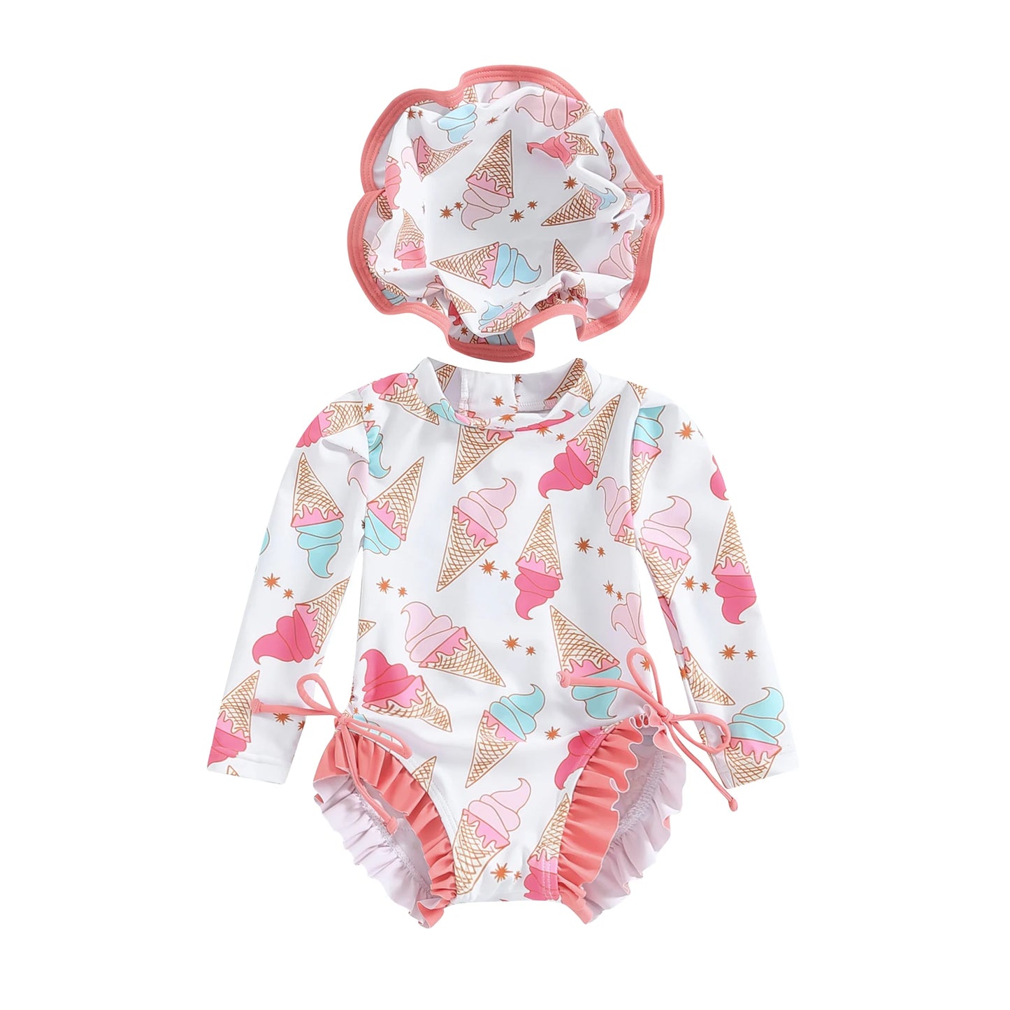 Baby Girls Rash Guard Swimsuit with Hat. Long sleeve swimsuit. Beachwear. Koko Mee
