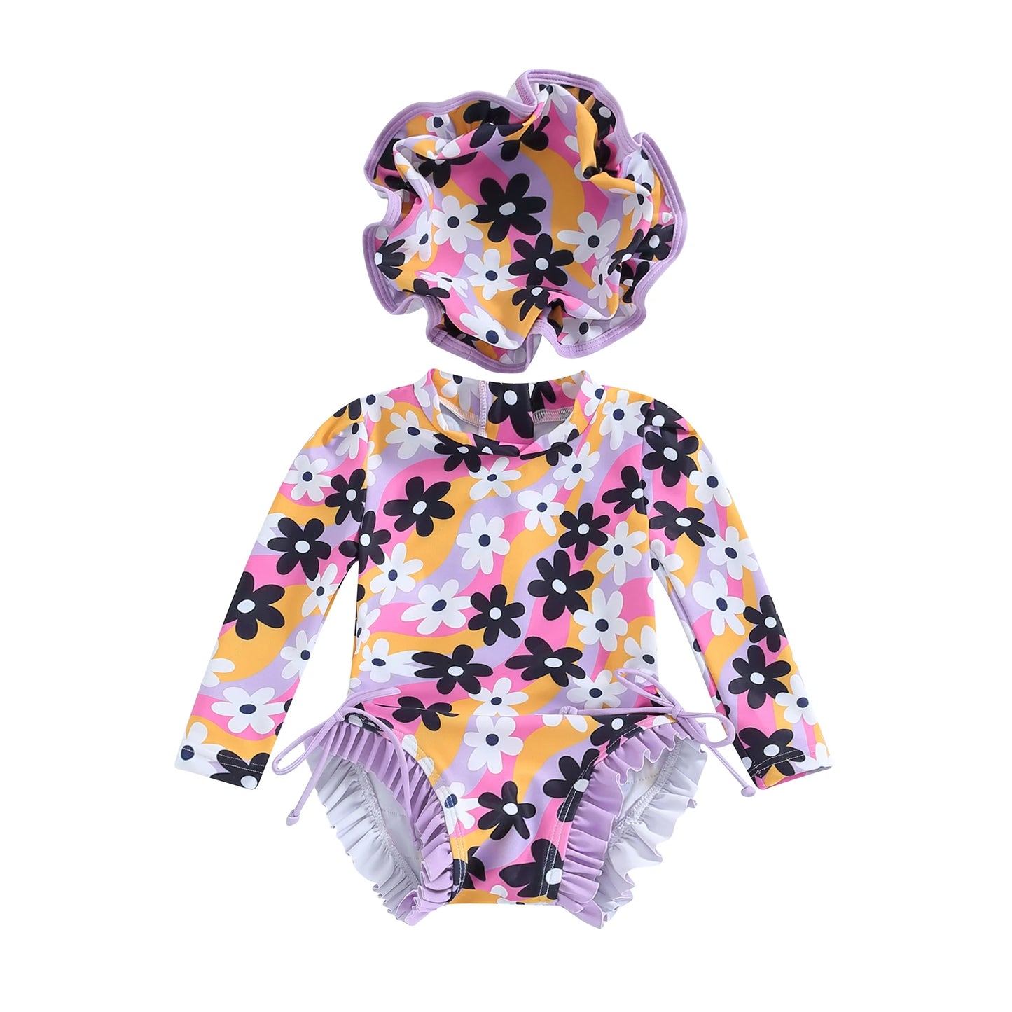Baby Girls Rash Guard Swimsuit with Hat. Long sleeve swimsuit. Beachwear. Koko Mee