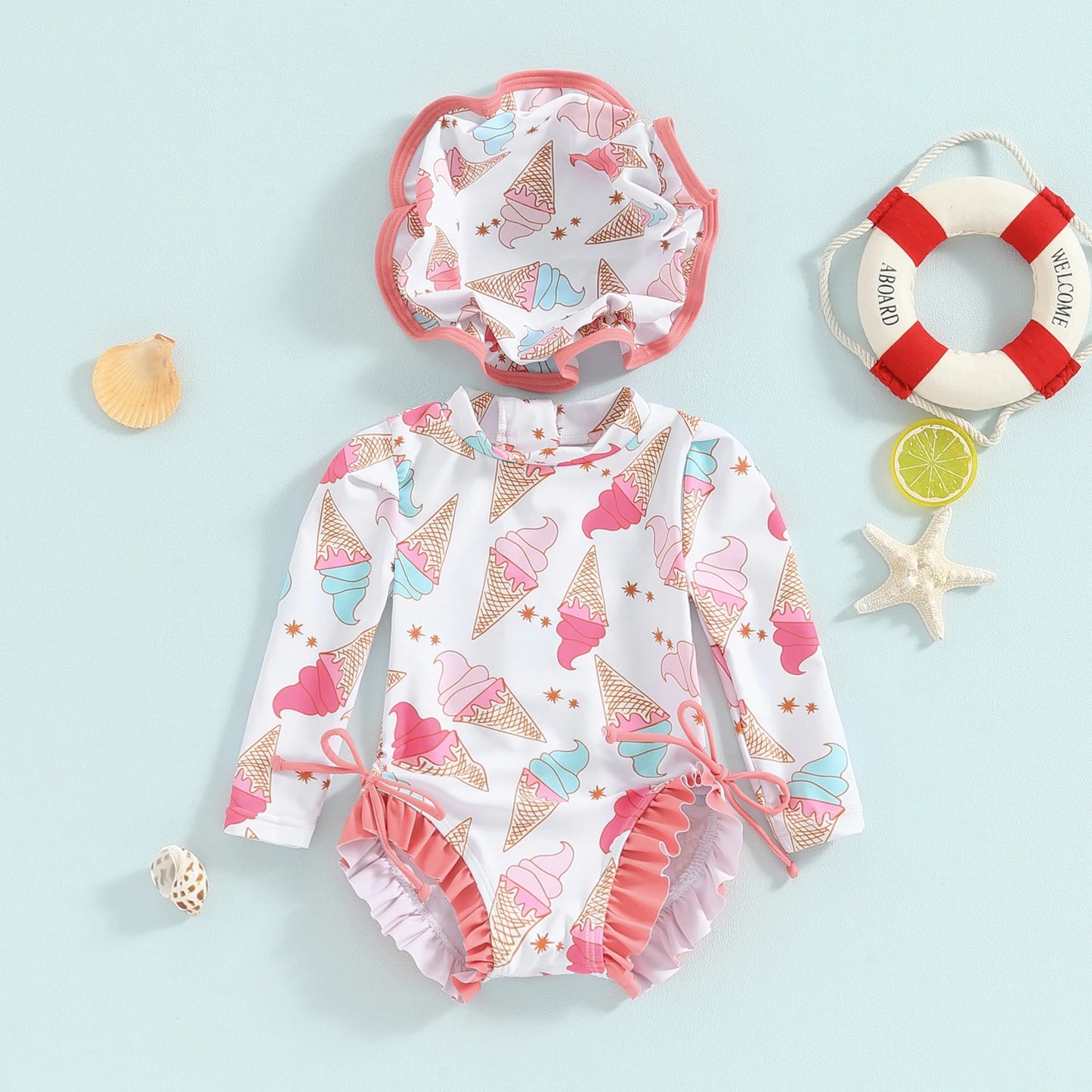 Baby Girls Rash Guard Swimsuit with Hat. Long sleeve swimsuit. Beachwear. Koko Mee