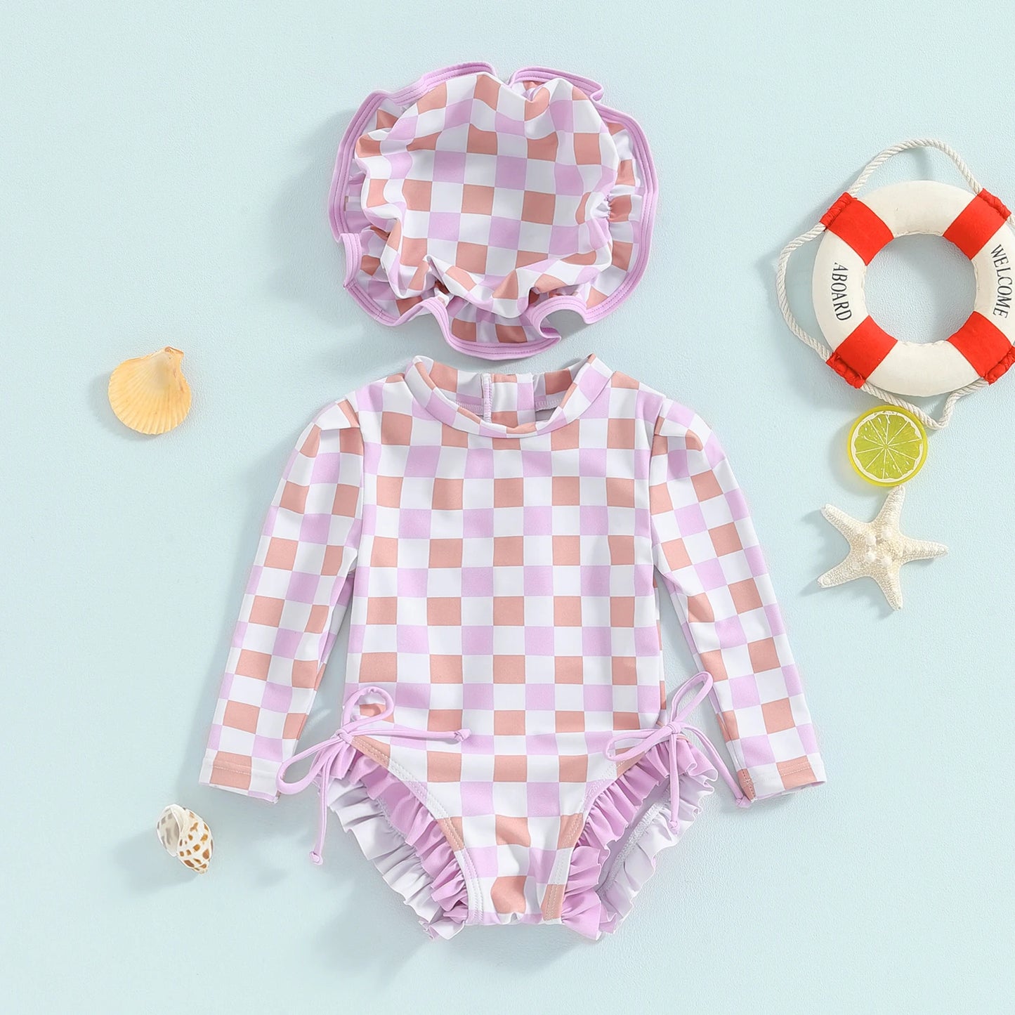 Baby Girls Rash Guard Swimsuit with Hat. Long sleeve swimsuit. Beachwear. Koko Mee
