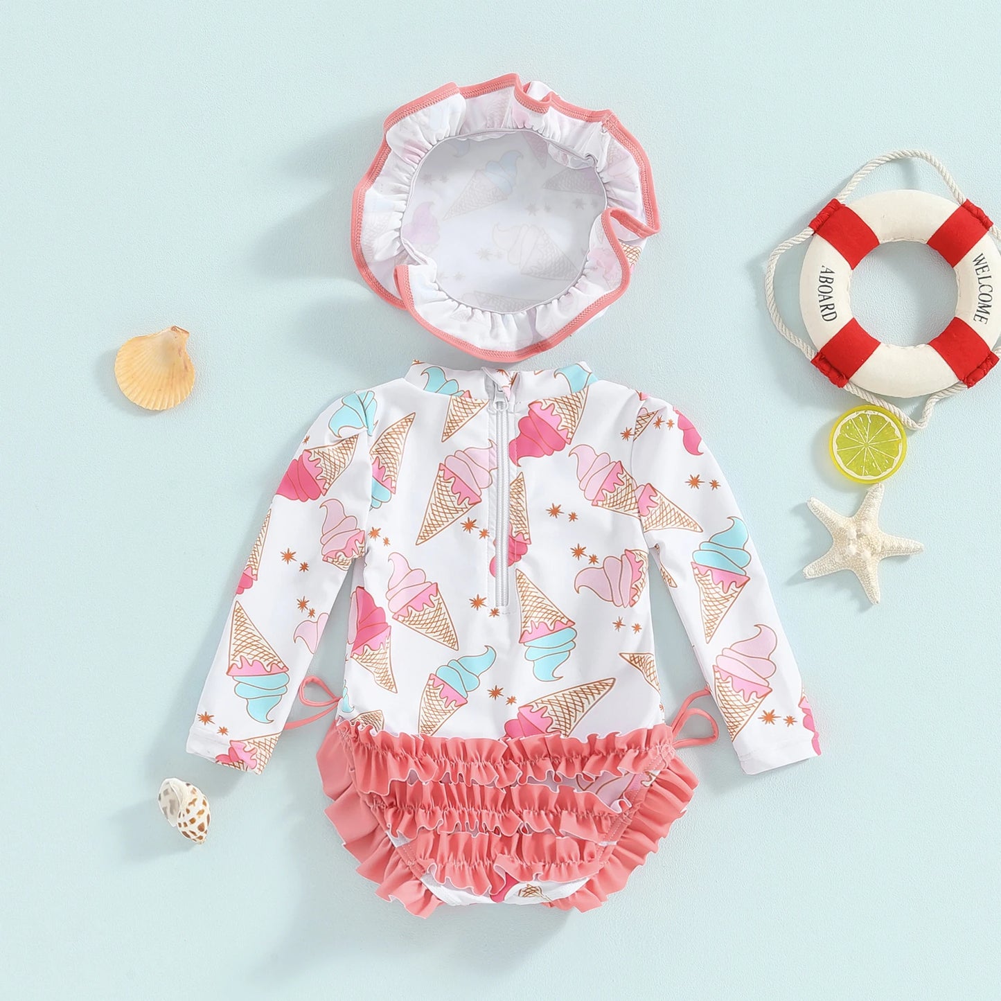 Baby Girls Rash Guard Swimsuit with Hat. Long sleeve swimsuit. Beachwear. Koko Mee