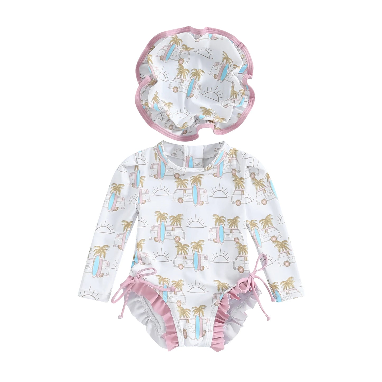 Baby Girls Rash Guard Swimsuit with Hat. Long sleeve swimsuit. Beachwear. Koko Mee
