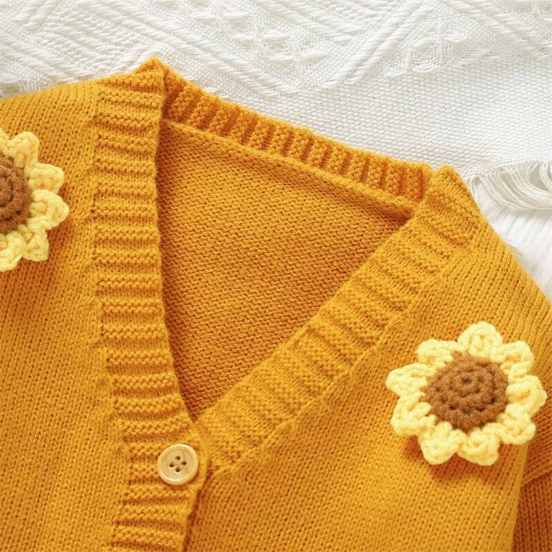 Baby Fall Winter Knitted Sweater I Warm Sunflower Long Sleeve Button Cardigan I Toddler Knitwear - Koko Mee