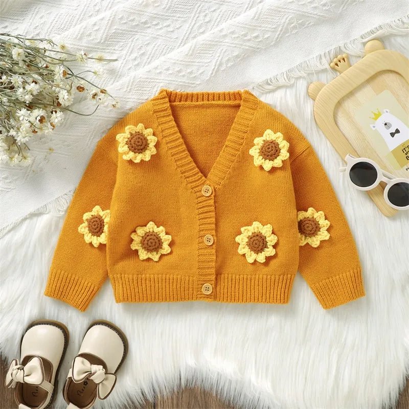 Baby Fall Winter Knitted Sweater I Warm Sunflower Long Sleeve Button Cardigan I Toddler Knitwear - Koko Mee