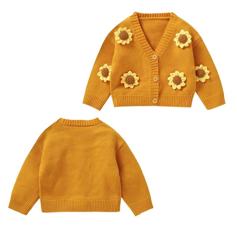 Baby Fall Winter Knitted Sweater I Warm Sunflower Long Sleeve Button Cardigan I Toddler Knitwear - Koko Mee