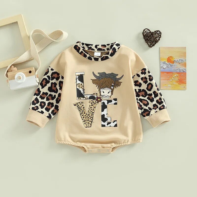 Baby Girls Boys Leopard Patchwork Long Sleeve Romper I Cow/Rugby Letter Printed Jumpsuits - Koko Mee