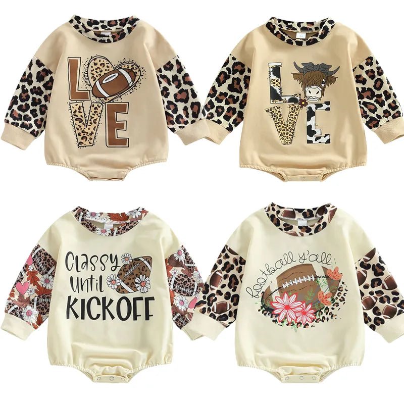 Baby Girls Boys Leopard Patchwork Long Sleeve Romper I Cow/Rugby Letter Printed Jumpsuits - Koko Mee