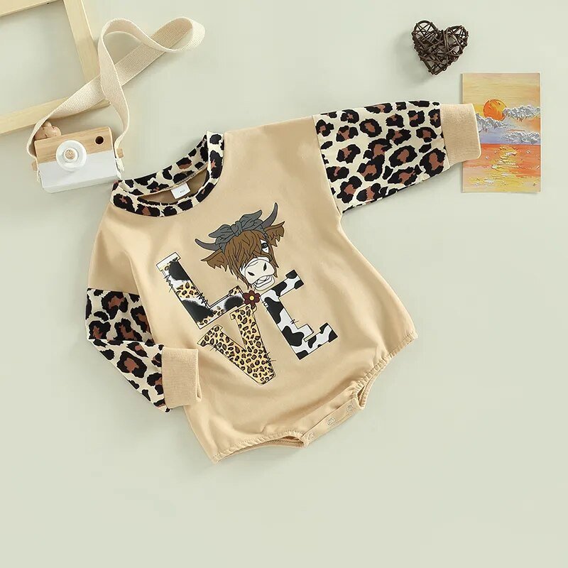 Baby Girls Boys Leopard Patchwork Long Sleeve Romper I Cow/Rugby Letter Printed Jumpsuits - Koko Mee