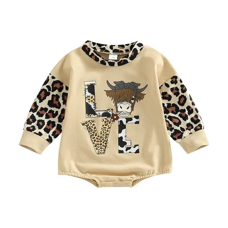 Baby Girls Boys Leopard Patchwork Long Sleeve Romper I Cow/Rugby Letter Printed Jumpsuits - Koko Mee