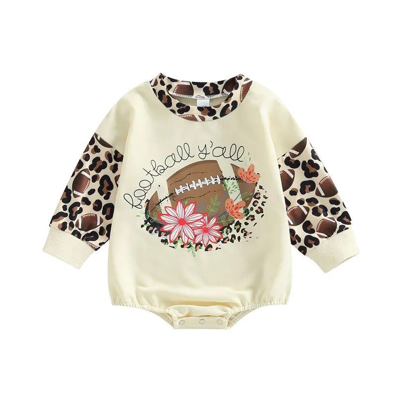 Baby Girls Boys Leopard Patchwork Long Sleeve Romper I Cow/Rugby Letter Printed Jumpsuits - Koko Mee