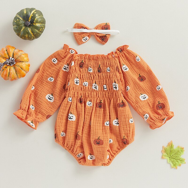 My First Halloween Baby Girl Romper with Pumpkin Print - Koko Mee