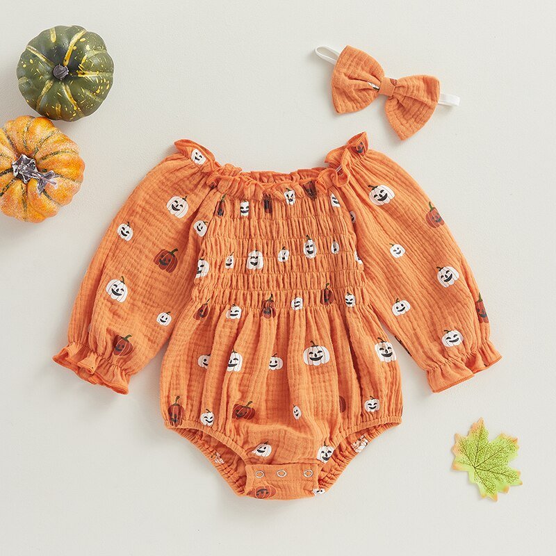 My First Halloween Baby Girl Romper with Pumpkin Print - Koko Mee