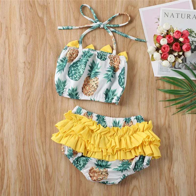 Toddler Girl Pineapple Swimsuit with Ruffle Shorts and bowknot Top Koko Mee