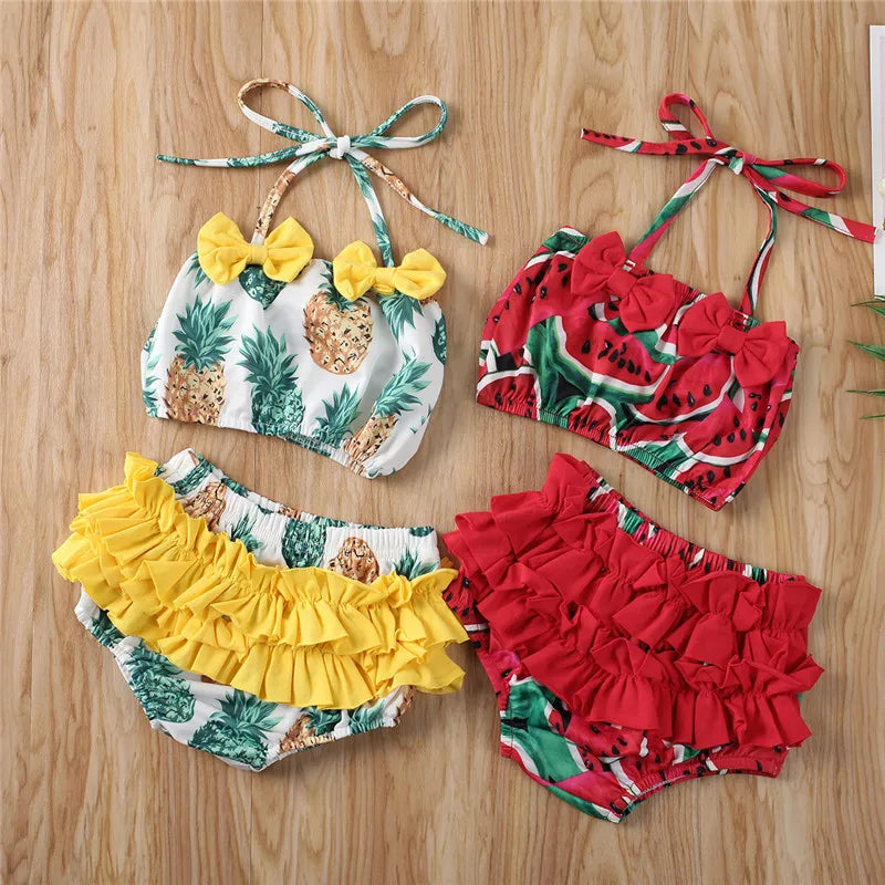 Toddler Girl Pineapple Swimsuit with Ruffle Shorts and bowknot Top Koko Mee