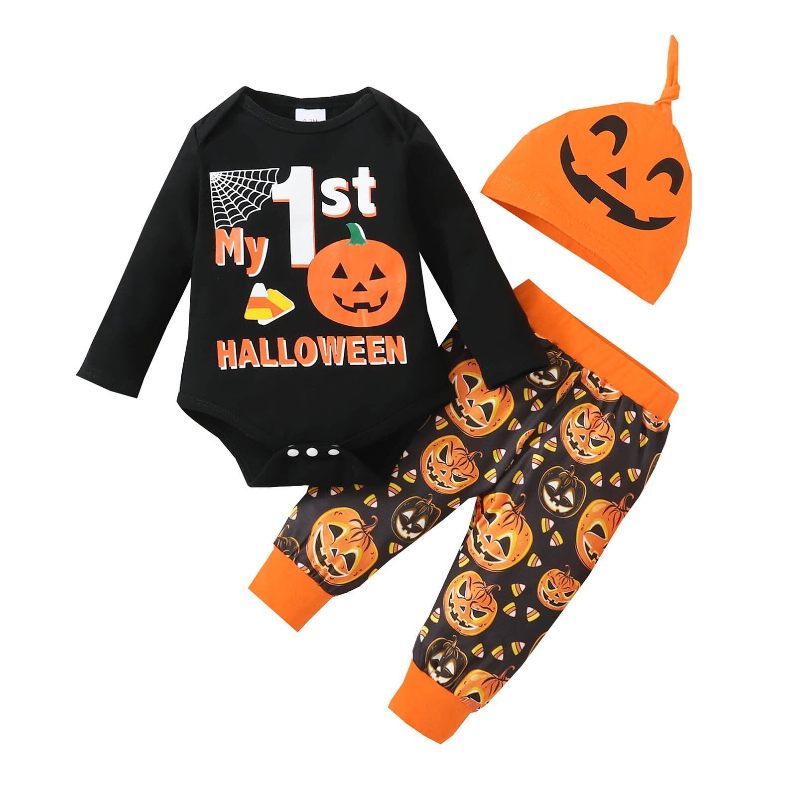 3Pcs Infant Halloween Outfits I Pumpkin Romper & Hat Sets - Koko Mee
