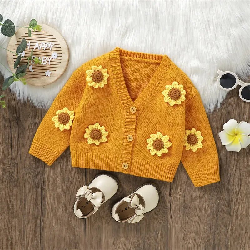 Baby Fall Winter Knitted Sweater I Warm Sunflower Long Sleeve Button Cardigan I Toddler Knitwear - Koko Mee