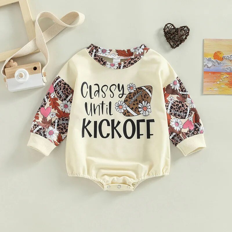 Baby Girls Boys Leopard Patchwork Long Sleeve Romper I Cow/Rugby Letter Printed Jumpsuits - Koko Mee