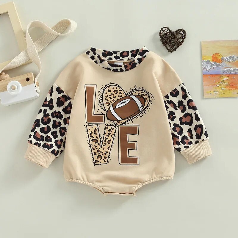 Baby Girls Boys Leopard Patchwork Long Sleeve Romper I Cow/Rugby Letter Printed Jumpsuits - Koko Mee