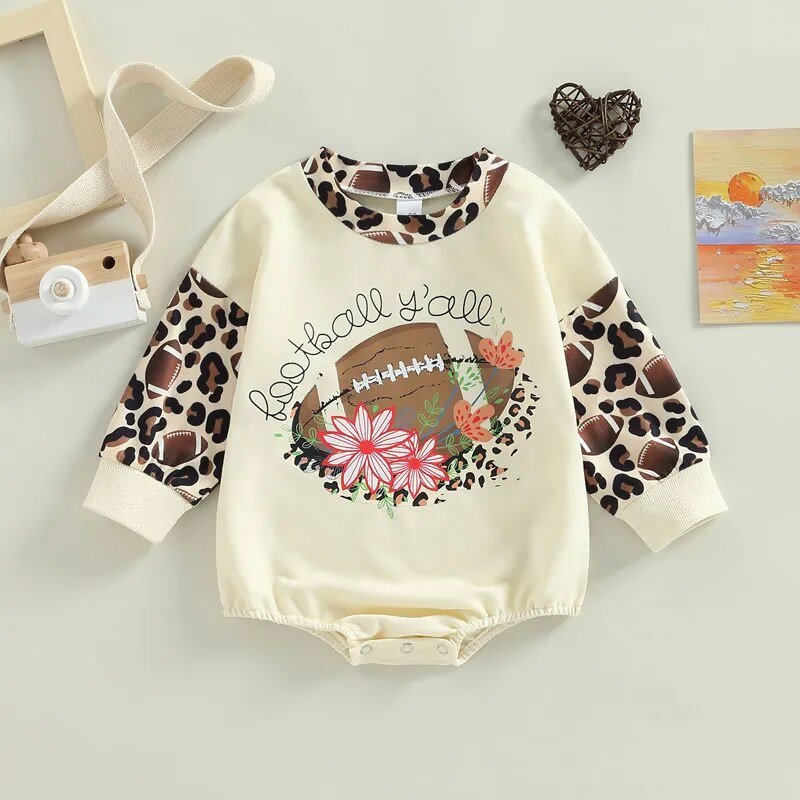 Baby Girls Boys Leopard Patchwork Long Sleeve Romper I Cow/Rugby Letter Printed Jumpsuits - Koko Mee