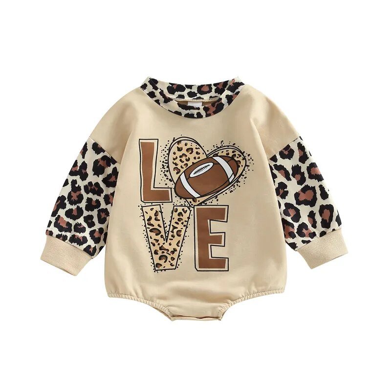 Baby Girls Boys Leopard Patchwork Long Sleeve Romper I Cow/Rugby Letter Printed Jumpsuits - Koko Mee