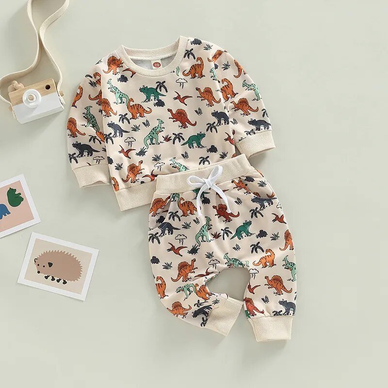 Newborn Toddler Baby's 2Pcs Fall Outfits I Long Sleeve Dinosaur Print I Pullover Tops and Pants Set - Koko Mee